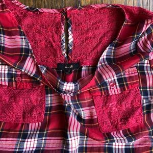 E & M Red Plaid and Lace Long sleeve blouse